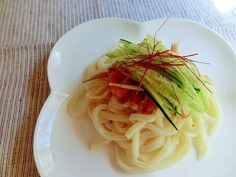 冷凍うどんで♪明太みょうがうどん